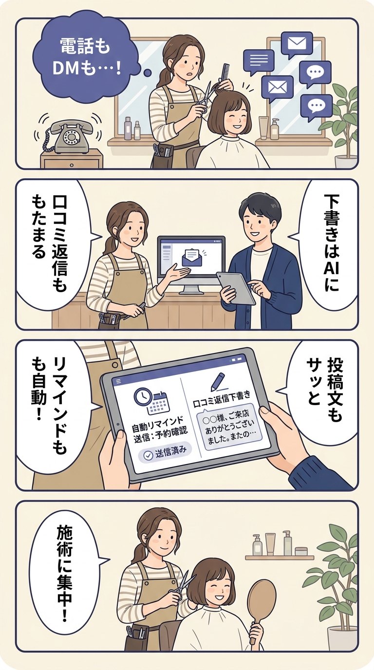 4コマ漫画：①電話もDMも手が回らない ②下書きはAIに ③リマインド自動・投稿文もサッと ④施術に集中
