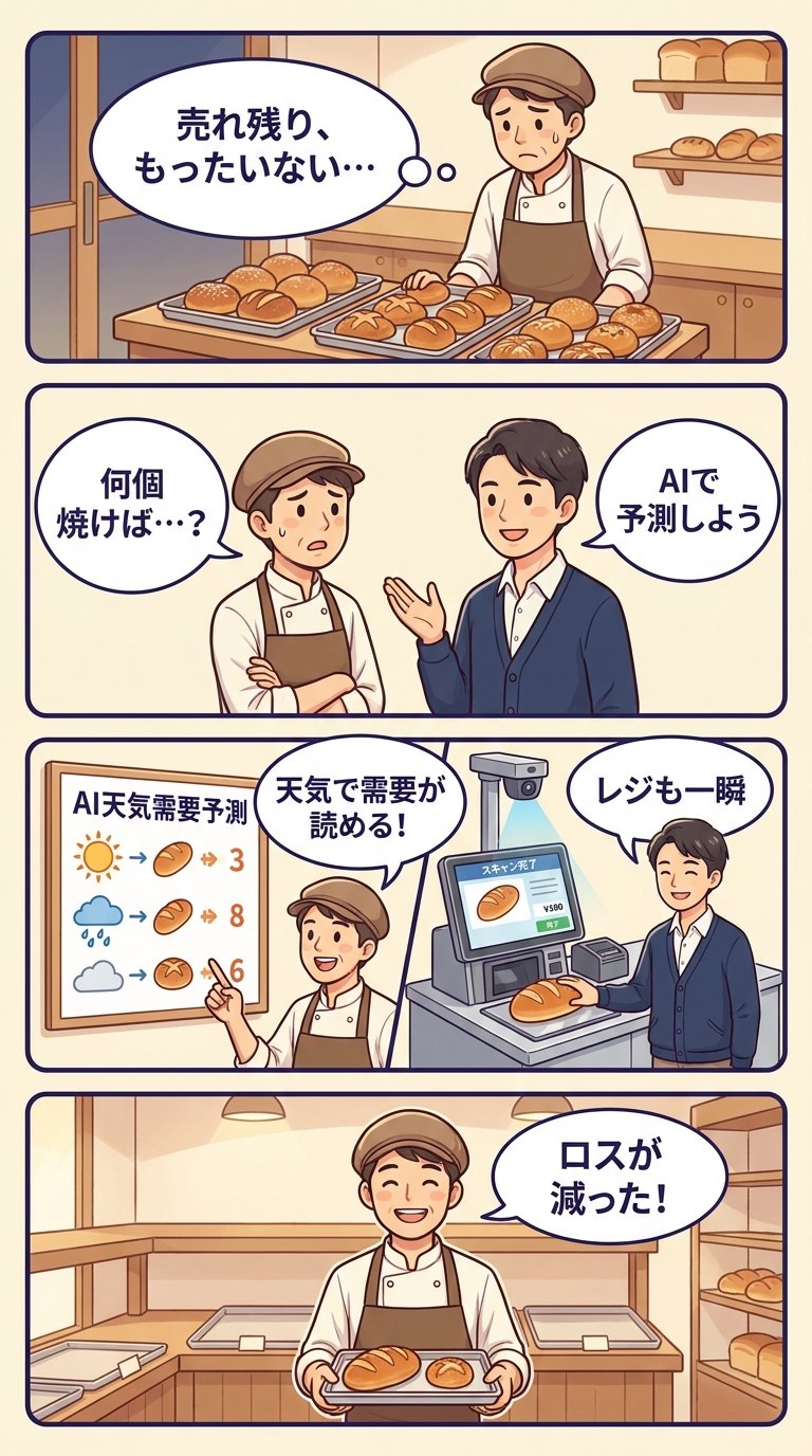 4コマ漫画：①売れ残りがもったいない ②AIで予測 ③天気で需要が読める・レジも一瞬 ④ロスが減った