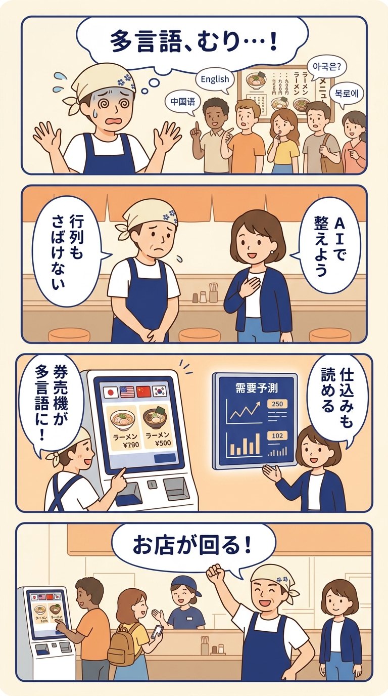 4コマ漫画：①多言語対応で困る ②AIで整える ③多言語券売機と需要予測 ④お店が回る