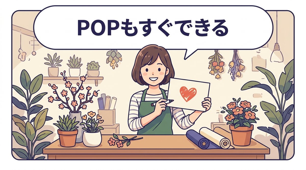 季節のPOPカードを持つ花屋の店主
