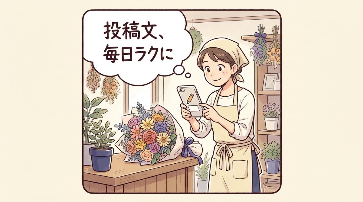 花束をスマホで撮影しSNS投稿文を下書きする花屋の店主