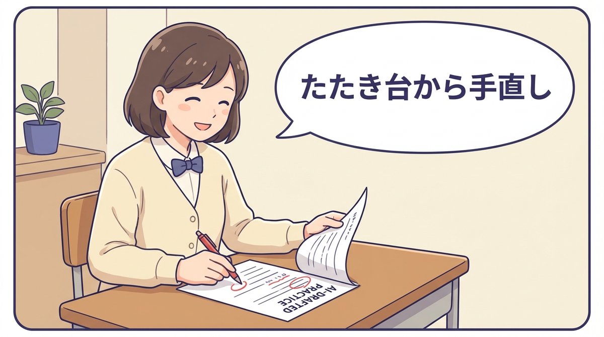 AIが作った練習問題のたたき台を赤ペンで確認する先生