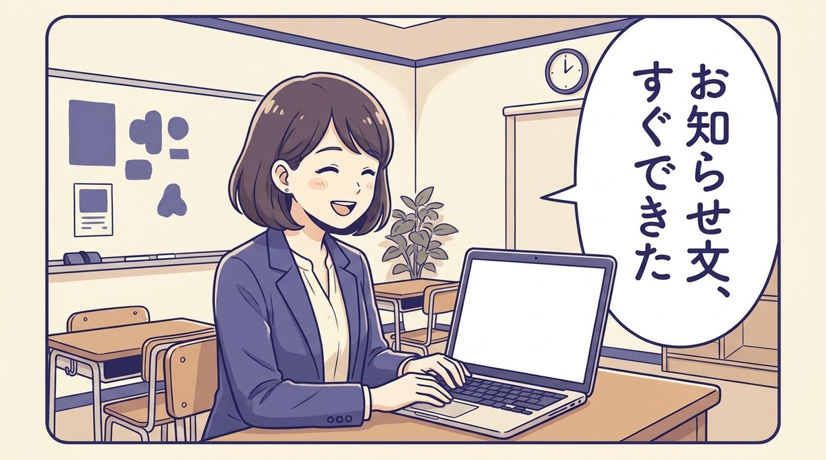 ノートパソコンで保護者向けお知らせ文をすばやく下書きする先生