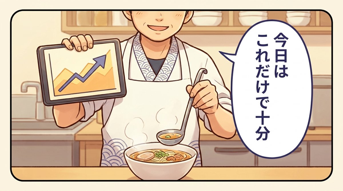 タブレットの需要予測を見ながら仕込み量を調整するラーメン職人
