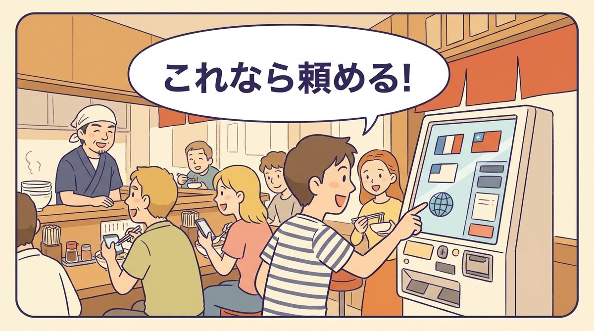 多言語対応のタッチパネル券売機で注文する外国人客とラーメン店主